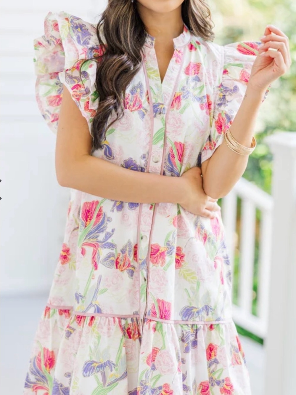 entro Floral Ruffle Mini Dress in White with Pink, Purple, Green Accents